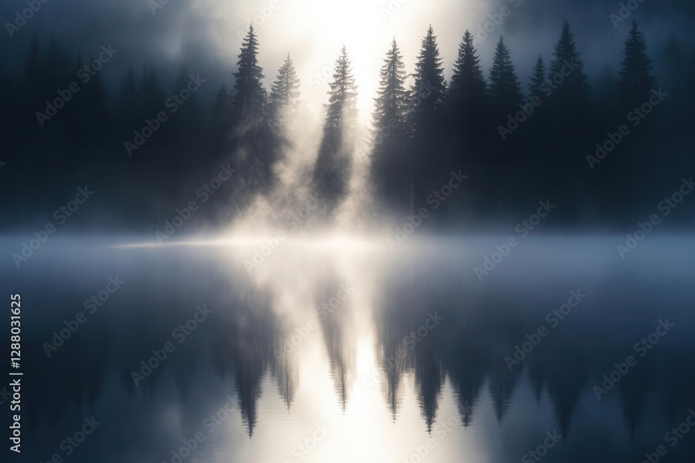 Fototapeta premium minimalist lakeside composition with quantum particles dancing across mirror-like water surface, ethereal morning mist, and silhouetted pine trees