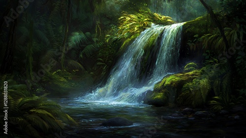 Lush Green Forest Waterfall Scene