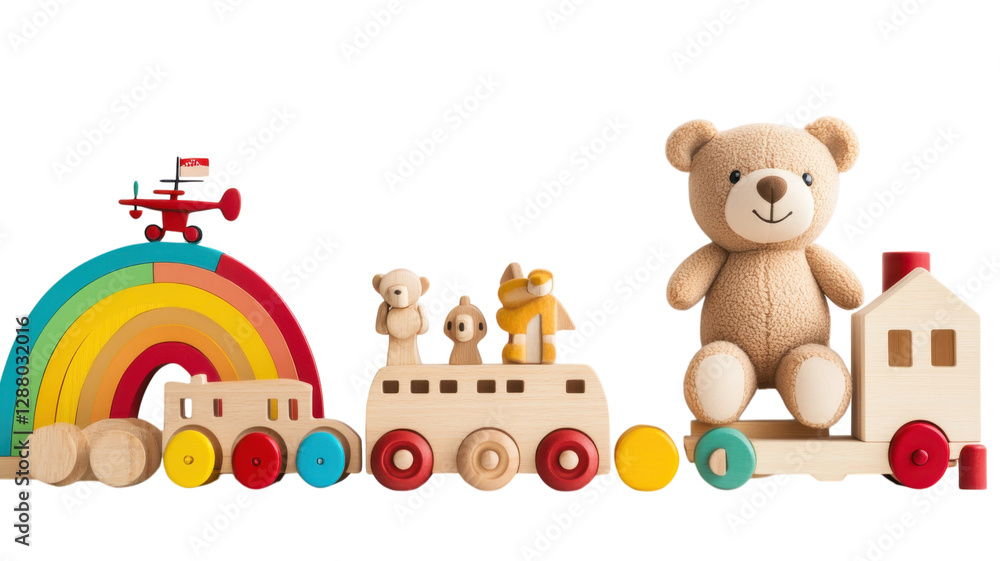 Colorful wooden toy train with teddy bear and rainbow in a playful setting Colorful wooden toy train with teddy bear and rainbow in a playful setting