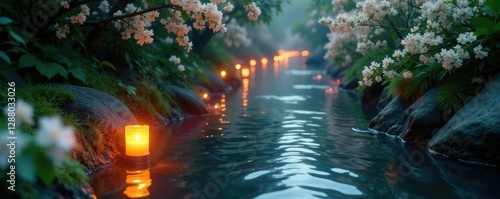 Wallpaper Mural Garlands of white flowers along a winding river with lanterns and candles, flowing, river, candles Torontodigital.ca