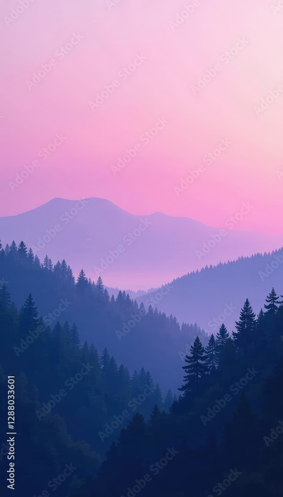 Fototapeta premium Gentle gradient of deep violet to pastel pink over a misty forest landscape, gradient background, peaceful ambiance, pastel colors