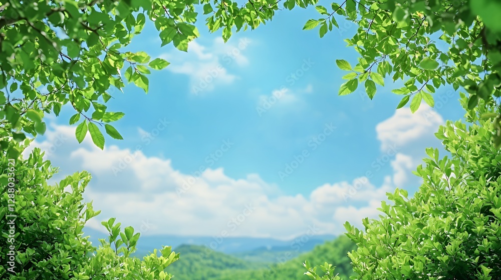 Bright Sunny Day Landscape View Through Lush Green Leaves Bright Sunny Day Landscape View Through Lush Green Leaves