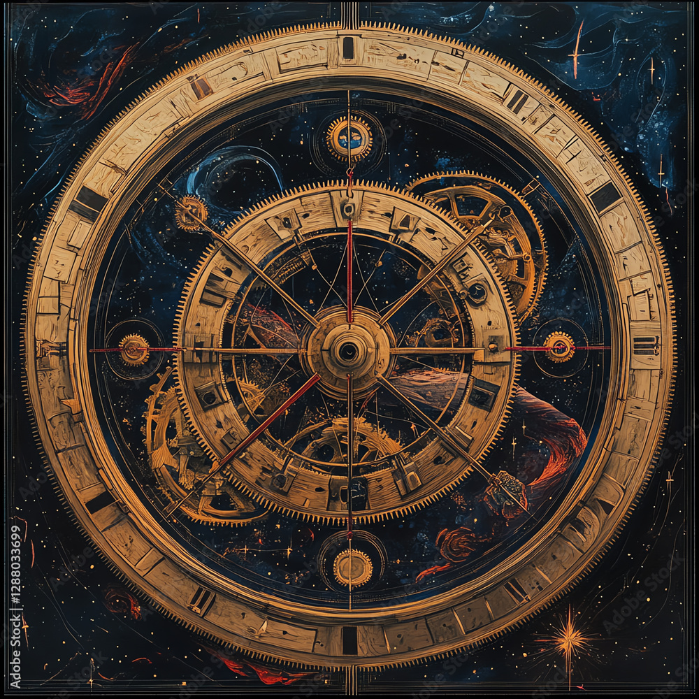 Fototapeta premium Intricate cosmic timepiece design in space.