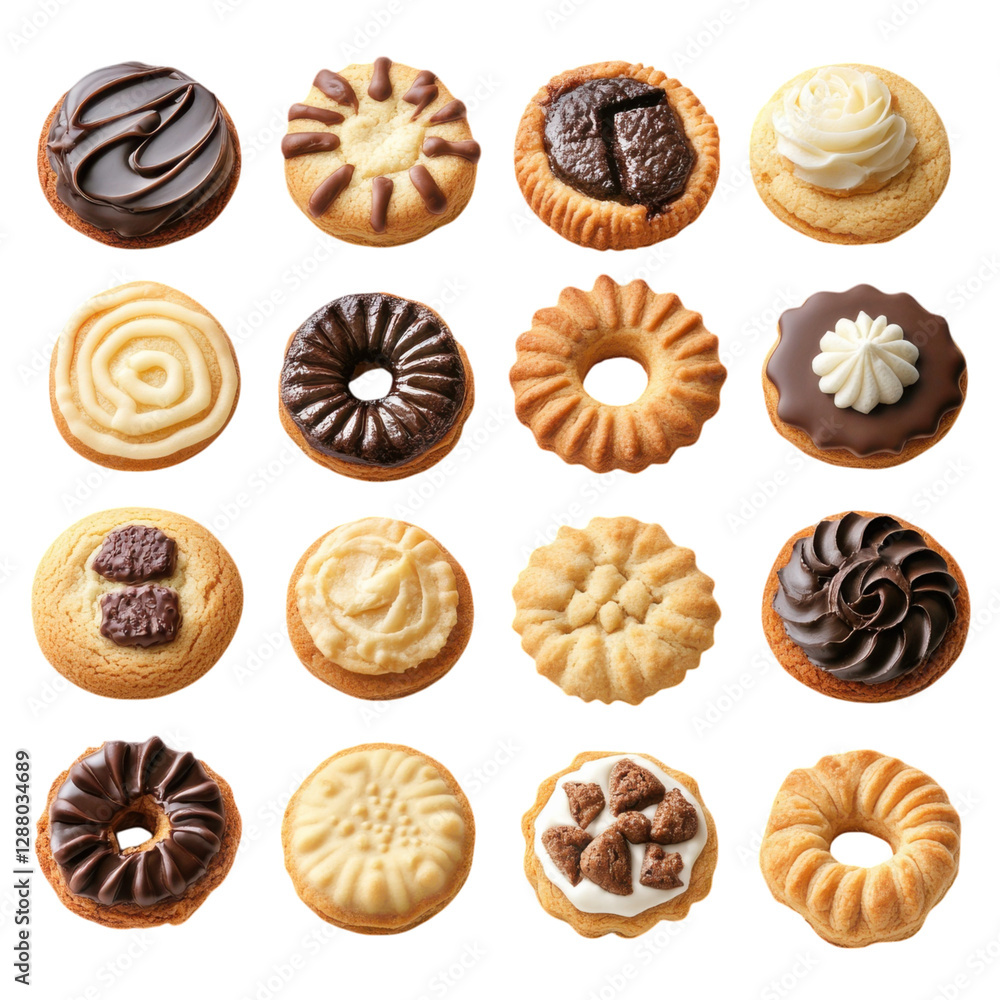 A variety of decorative cookies with different toppings and designs, arranged in a grid pattern. A variety of decorative cookies with different toppings and designs, arranged in a grid pattern.
