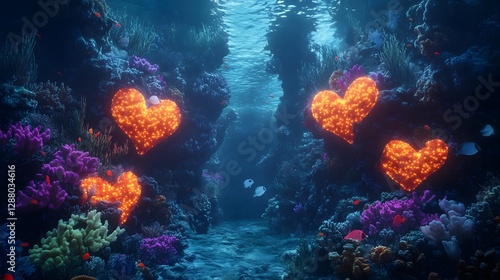 Wallpaper Mural Colorful underwater scene with glowing heart-shaped structures, vibrant coral reef surroundings, ideal for romantic themes. Torontodigital.ca