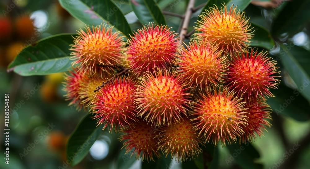 Close-Up of Bright Red and Yellow Rambutans with Spiky Skin on a Tropical Tree Close-Up of Bright Red and Yellow Rambutans with Spiky Skin on a Tropical Tree