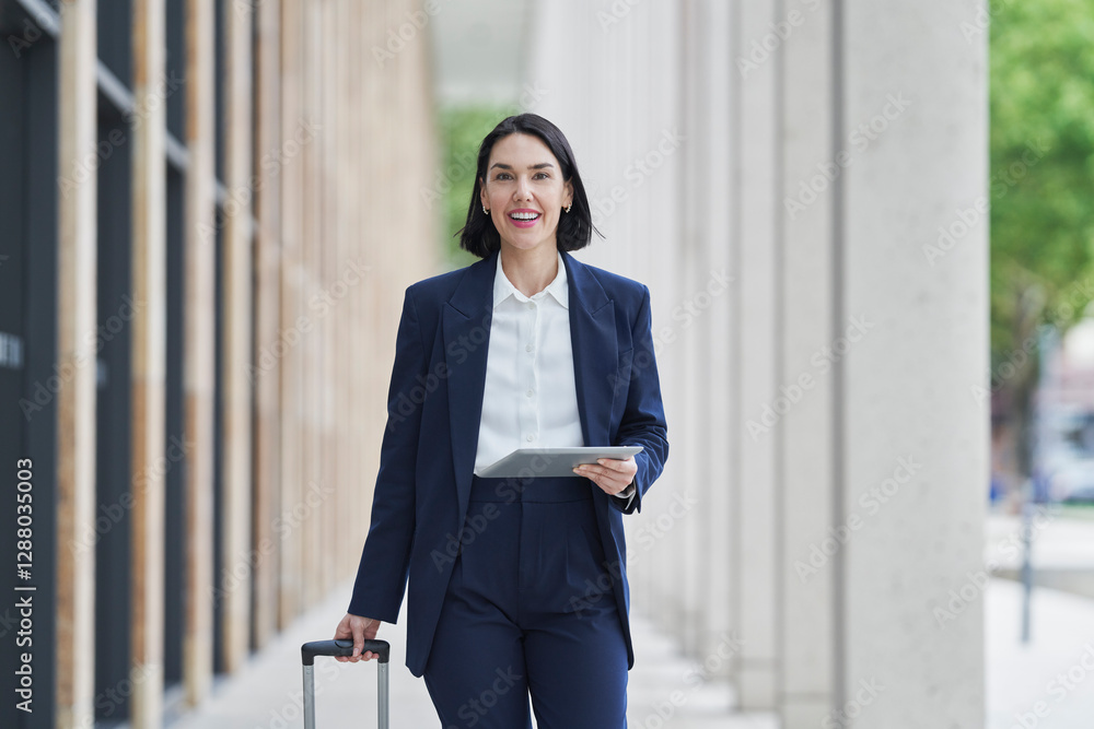 Businesswoman traveling with tablet and luggage outdoors Businesswoman traveling with tablet and luggage outdoors