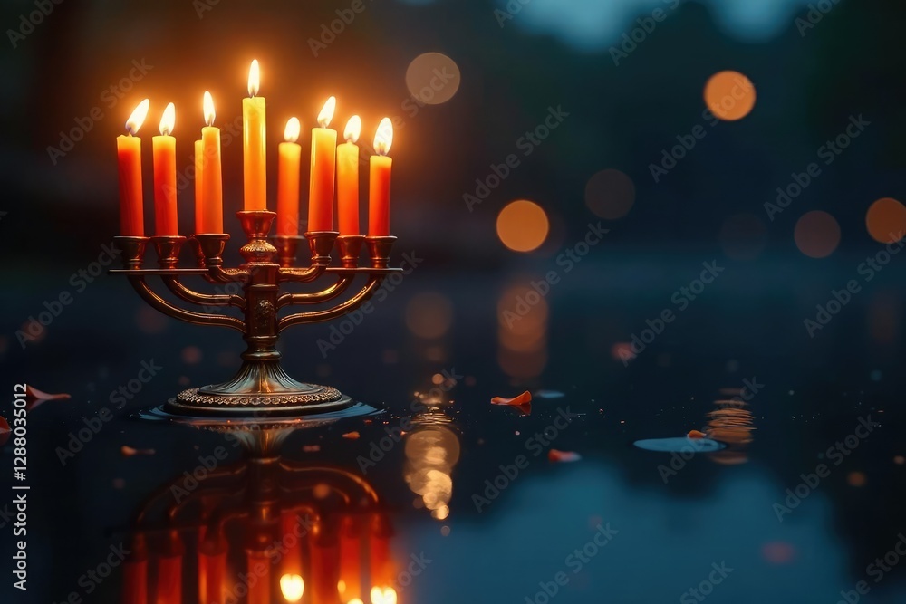 Fototapeta premium Menorah with lit candles reflected in a calm water surface, peaceful, candlelight