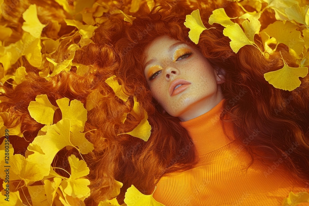 Expressive makeup adorns an autumn woman model in a generative IA technology beauty portrait Expressive makeup adorns an autumn woman model in a generative IA technology beauty portrait