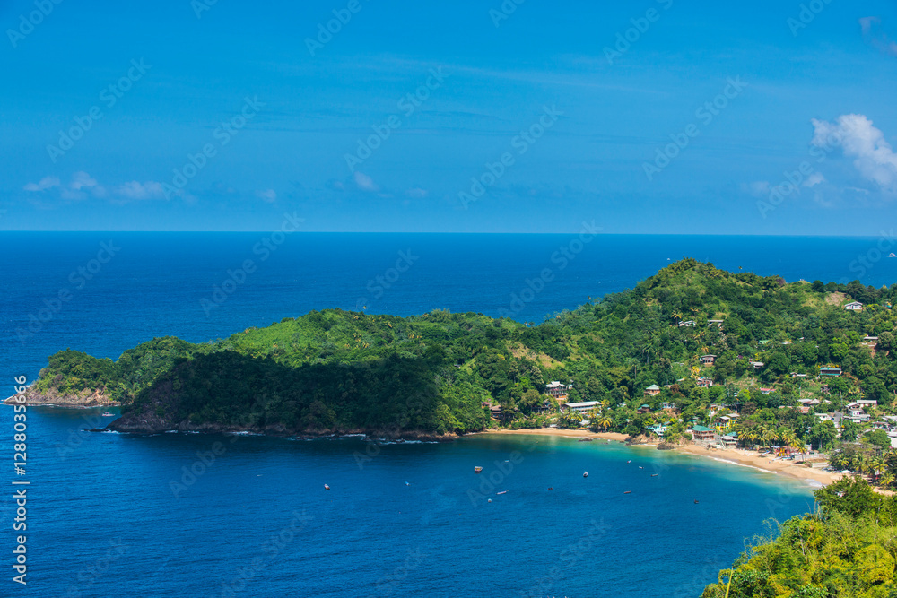 Aerial view of Castara bay against blue sky at Tobago, Caribbean Aerial view of Castara bay against blue sky at Tobago, Caribbean