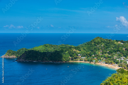 Aerial view of Castara bay against blue sky at Tobago, Caribbean