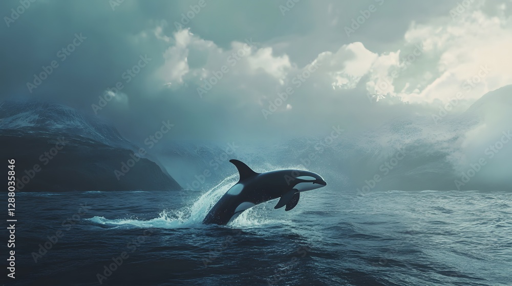 Fototapeta premium Shark breaching surface, powerful marine predator emerging from ocean waves, dynamic aquatic scene, perfect for nature themes.