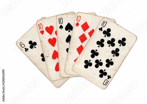 Vászonkép A poker hand of old, grubby playing cards on a white background.