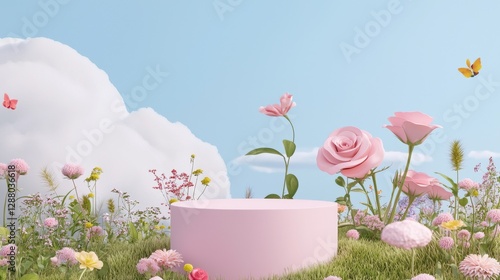 A beautiful garden scene with roses and floral arrangements serves as a romantic background for a podium, perfect for Valentine's Day, Easter, or any summer day