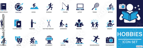 Hobbies icon set photography, acting, traveling, hiking, yoga, dancing, cooking, fishing, You can easily change the color