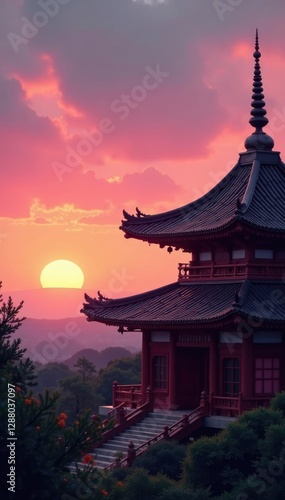 Wallpaper Mural Soft pink and orange hues on temple roof at dusk, orange, dusk, Torontodigital.ca