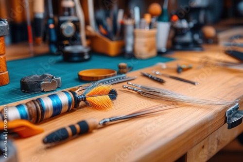 Fly Tying Tools On Wooden Workbench and Materials