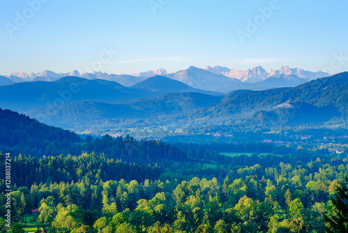 Scenic view of Sonntraten against sky at Gaissach with Karwendel mountains in background, Isarwinkel, Upper Bavaria, Bavaria, Germany photo
