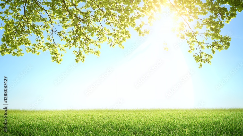 Bright Sunny Day Landscape with Green Field and Lush Tree Branches Bright Sunny Day Landscape with Green Field and Lush Tree Branches