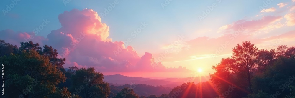 Fototapeta premium Soft pink clouds against a blue sky as morning sun rises over the treetops, atmosphere, sky