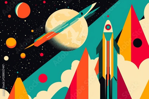 A retro-styled science fiction landscape featuring mountains, set beneath an alien sun, is depicted in a drawing style illustration, generated by AI, and available as stock