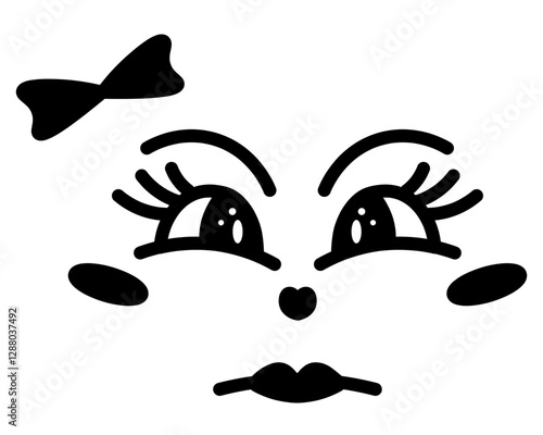 Angry expression of a female face. Sketch. Face with frowning emotions. Intent look, frowning eyebrows, bow decoration. Vector illustration. Outline on an isolated white background. Doodle style. 