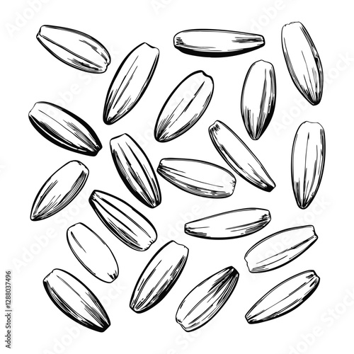 Hand-drawn sketch of rice stalks in a detailed line art style. Perfect for agricultural, food-related designs, packaging, labels, and nature-inspired projects.