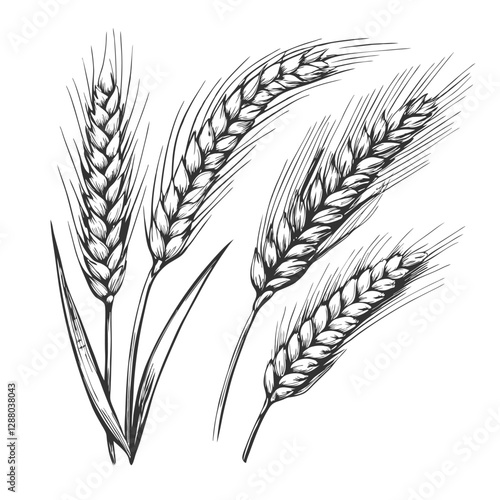 Detailed hand-drawn sketch of a wheat ear in elegant line art style. Perfect for agricultural, food-related designs, packaging, labels, and nature-inspired projects.