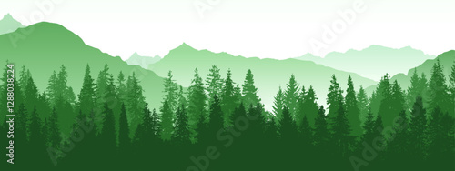 Forest and mountain landscape, green vector silhouette