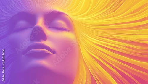 A person who is awakened is shown in an image related to mental health, engaging in a great meditation, depicted in a yellow and purple abstract and elegant modern illustration created by stock