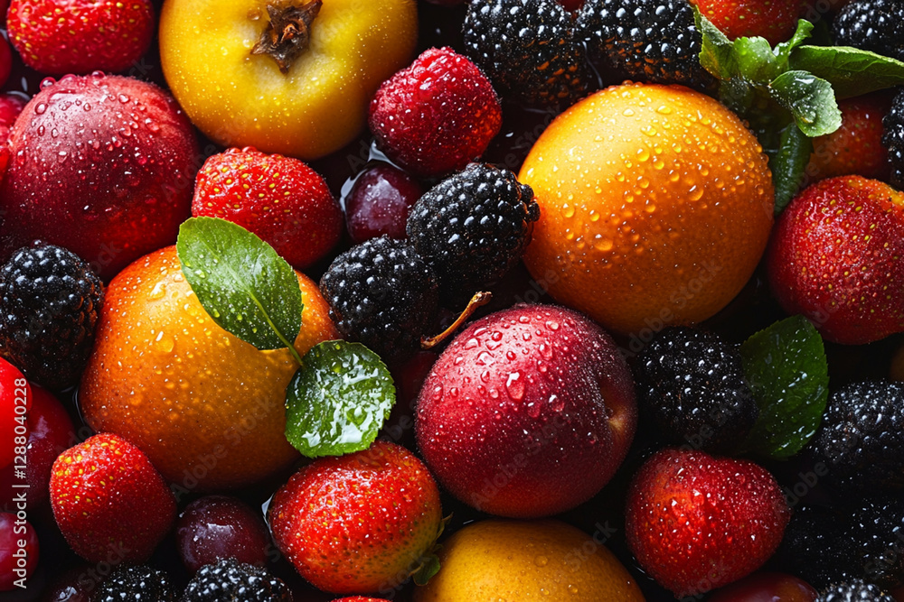 Fruits with water drops to create a fresh effect Fruits with water drops to create a fresh effect