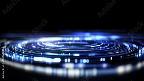 A digital and futuristic abstract background is formed by fast-moving blue, pink, and purple neon glow laser beam light lines, which represent the cutting-edge technology and high-speed internet of a