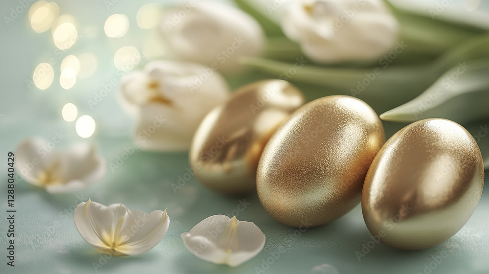 Luxurious Easter still life with metallic gold eggs and white tulips Luxurious Easter still life with metallic gold eggs and white tulips