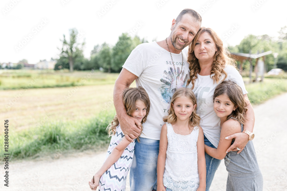 Happy parents with three triplet sisters outdoors Happy parents with three triplet sisters outdoors