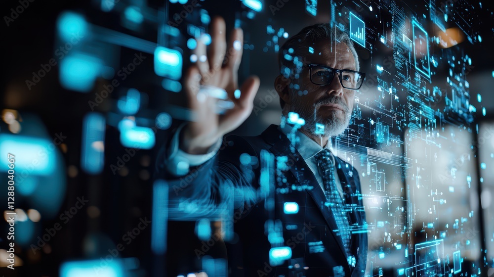 Mature caucasian male interacting with futuristic digital interface Mature caucasian male interacting with futuristic digital interface