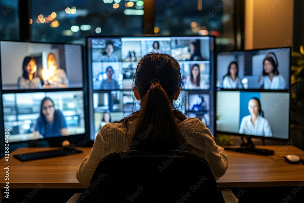 A team collaborating remotely via video conference, multiple screens showing different people from various locations, engaged in discussion.