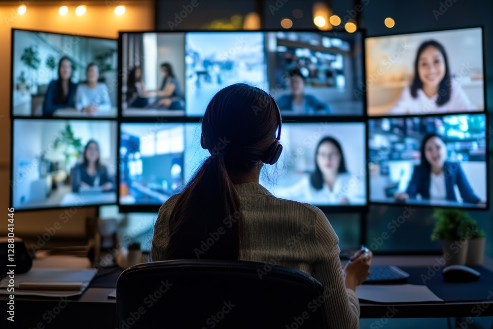 A team collaborating remotely via video conference, multiple screens showing different people from various locations, engaged in discussion. A team collaborating remotely via video conference, multiple screens showing different people from various locations, engaged in discussion.