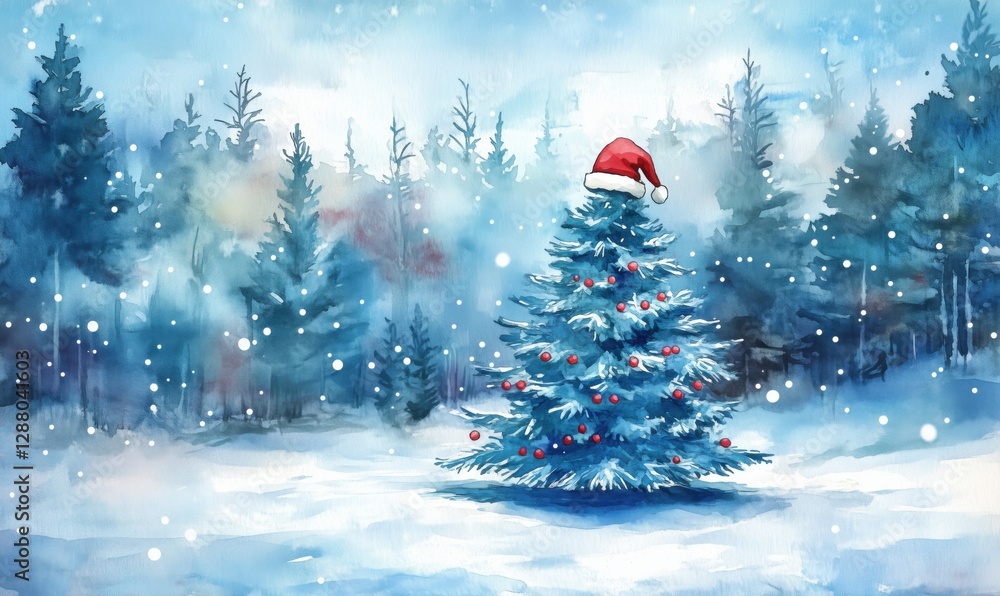 Christmas tree in snowy forest with red ornaments and Santa hat Christmas tree in snowy forest with red ornaments and Santa hat