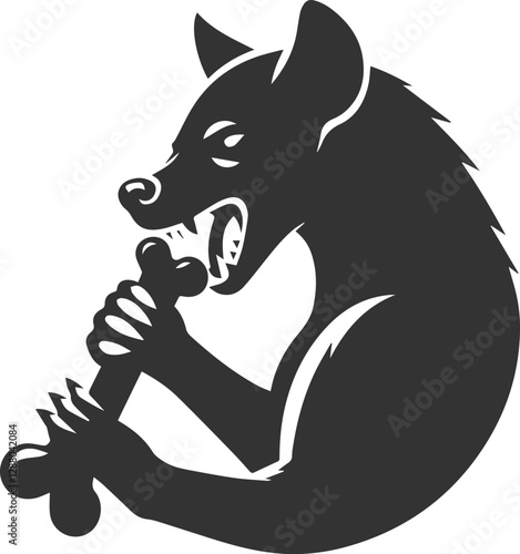 A hyena biting into a bone, holding it firmly vector animal silhouette