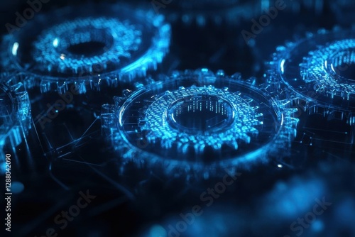 Obraz na płótnie modern innovation concept featuring translucent glass gears interlocking with floating binary code, bathed in soft blue technological glow against dark backdrop w salonie