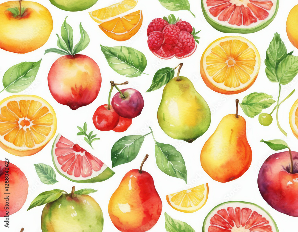 Watercolor fruit pattern with pears, grapefruits and apples on a white background Watercolor fruit pattern with pears, grapefruits and apples on a white background