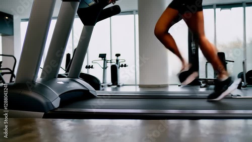 A man running vigorously on a treadmill inside a contemporary fitness center. Facility features large windows allowing natural light to brighten the space