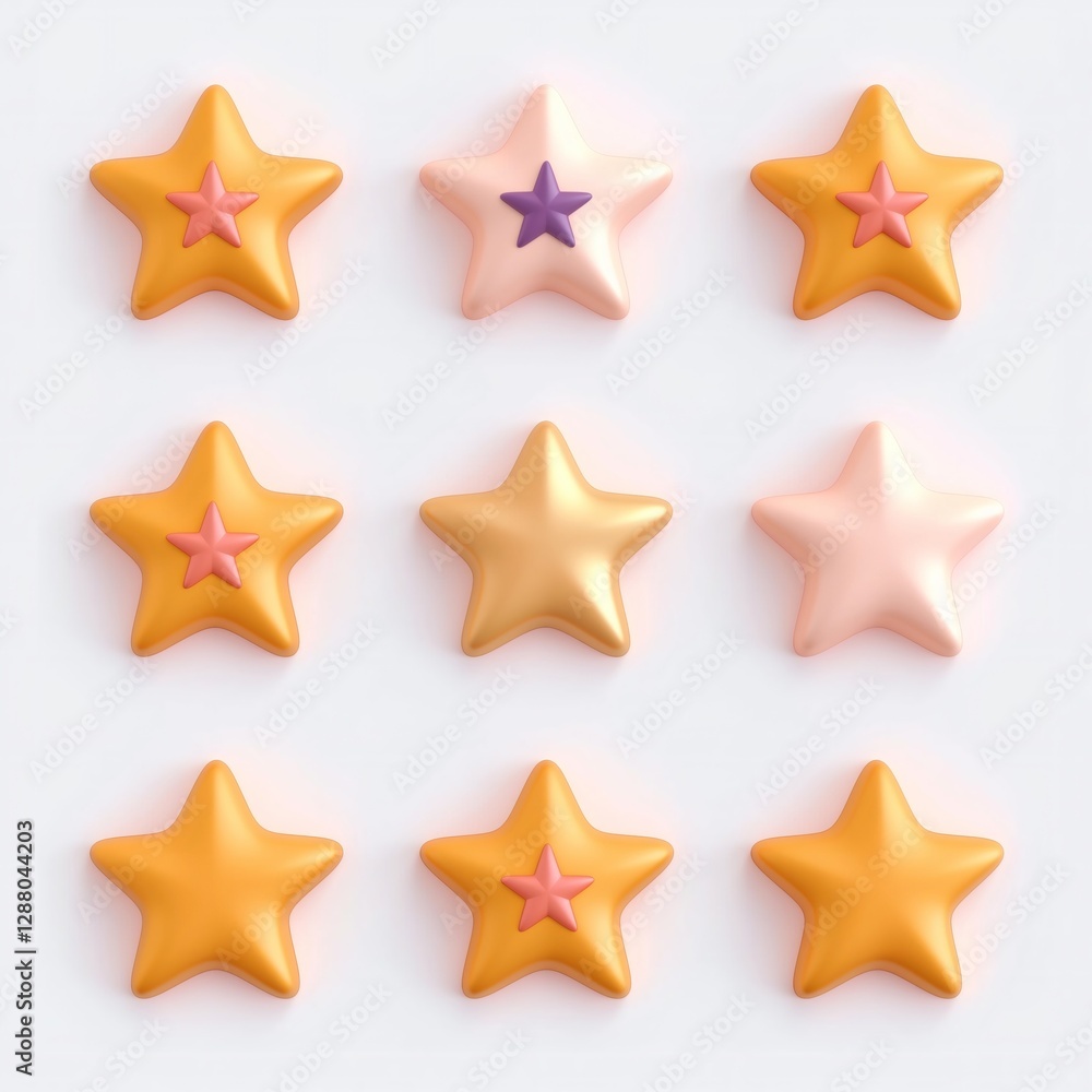 Three by three stars displayed in a grid formation, featuring shiny gold and various pastel colors. Each star represents achievement, standing out against a clean white background Three by three stars displayed in a grid formation, featuring shiny gold and various pastel colors. Each star represents achievement, standing out against a clean white background