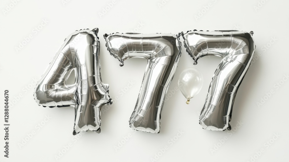 Silver foil balloons displaying 477 with a single white balloon on white background Silver foil balloons displaying 477 with a single white balloon on white background