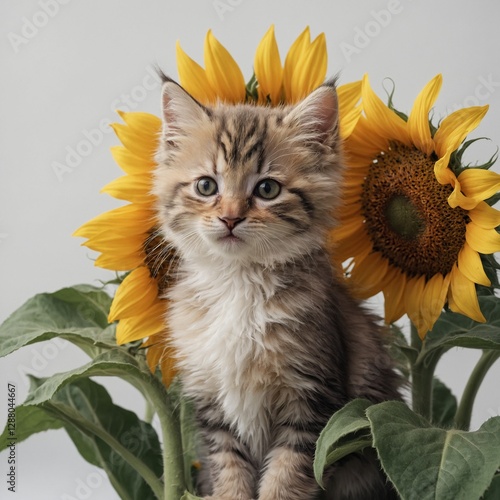 A tiny fluffy kitten sitting inside a giant pastel sunflower, white background.