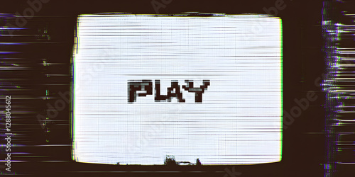 TV screen texture with glitch text PLAY. HDTV no signal problems. Bad TV signal on TV screen Noise of motion background lines. Glitch VHS. play concept. Glitch camera effect. Video rewind texture