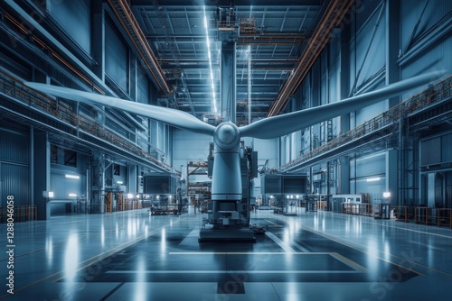 modern wind turbine manufacturing facility interior, dramatic industrial lighting, sleek machinery, cool metallic tones, geometric composition