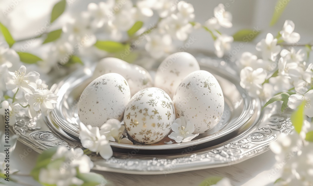 Elegant Easter eggs arranged on silver platter surrounded by delicate flowers Elegant Easter eggs arranged on silver platter surrounded by delicate flowers