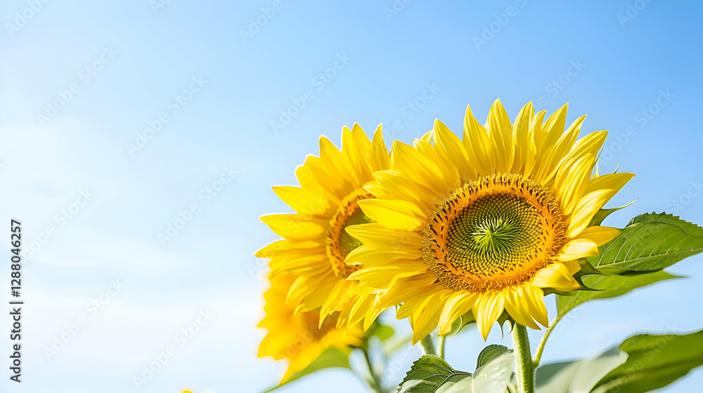Obraz premium Two Vibrant Yellow Sunflowers Against a Blue Sky