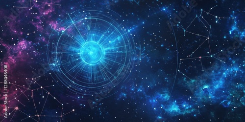 Futuristic cosmic portal in starry universe with constellations and nebulae. Astrology Day